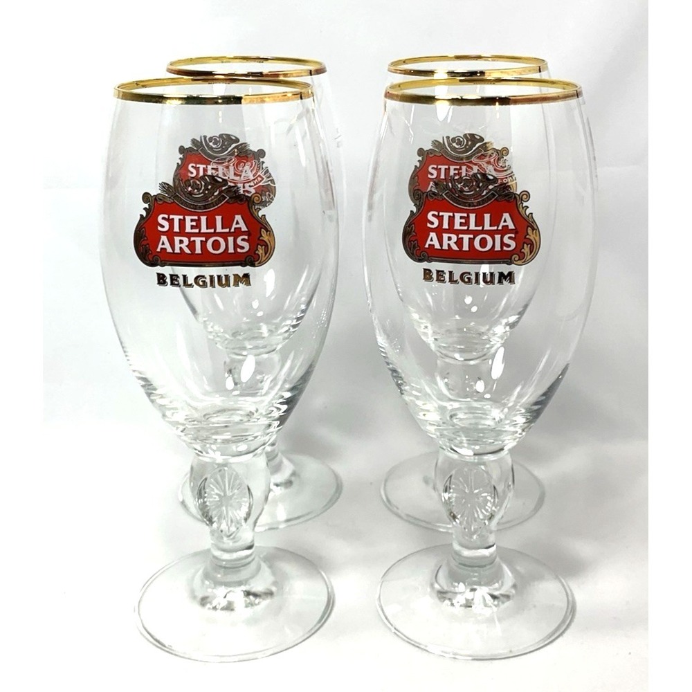 Stella Artois Beer Glass Chalice -SET of 4-Clear Belgium Gold Rim 600 Years... - Picture 2 of 8